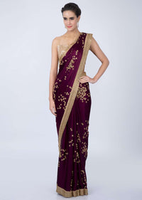 Mulberry purple satin saree with but and heavy embroidered border only on kalki