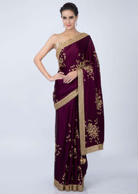 Mulberry purple satin saree with but and heavy embroidered border only on kalki