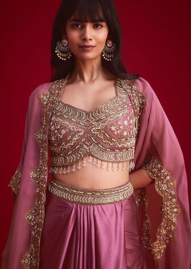 Mulberry Pink Embroidered Croptop And Draped Skirt With Organza Jacket