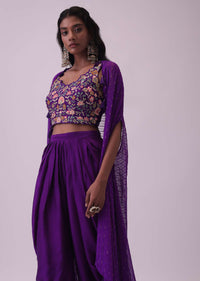 Mulberry Purple Crop Top & Dhoti Set In Satin With Floral Work
