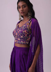 Mulberry Purple Crop Top & Dhoti Set In Satin With Floral Work