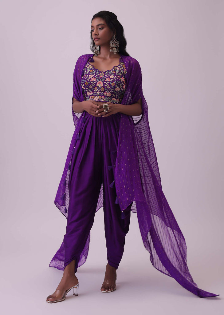 Mulberry Purple Crop Top & Dhoti Set In Satin With Floral Work