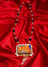 Multi Color Beaded Long Necklace With Hand Painted Wooden Pendant In Sun Flower Motif Online - Kalki Fashion