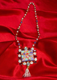 Multi Color Beaded Necklace With A Hand Painted Pendant Enhanced With Kundan And Ruby Beads Online - Kalki Fashion