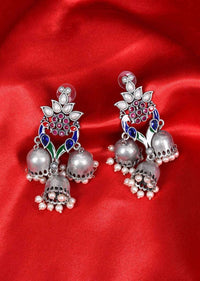 Multi color beaded  silver dangler with triple nano jhumkas drops only on Kalki