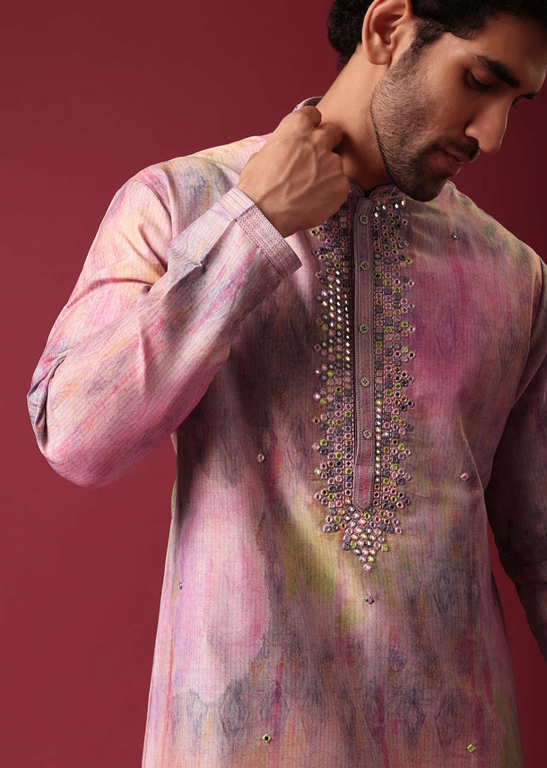 Multi Color Kurta Set In Silk with Mirror Work