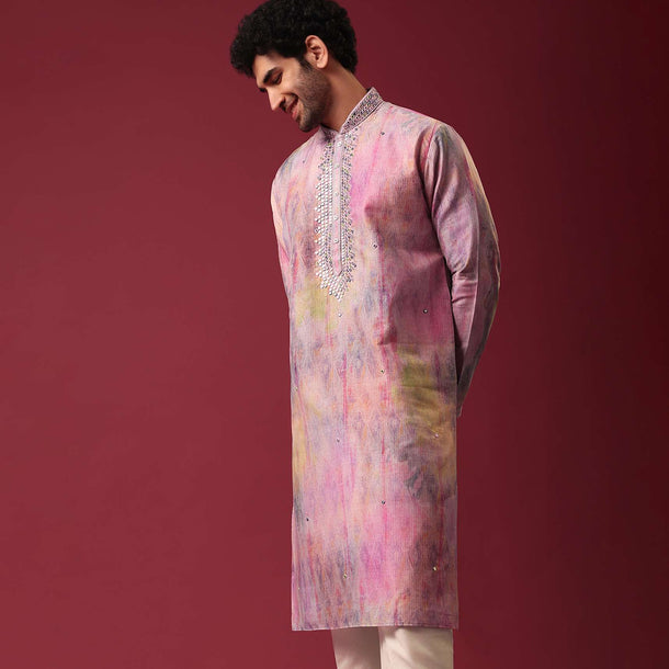 Multi Color Kurta Set In Silk with Mirror Work