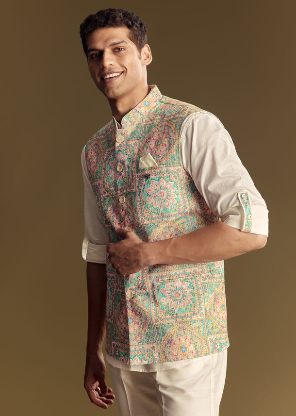 Multi Color Linen Jacket Kurta Set Featuring Kantha Detailing