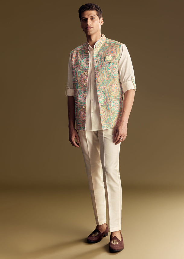 Multi Color Linen Jacket Kurta Set Featuring Kantha Detailing