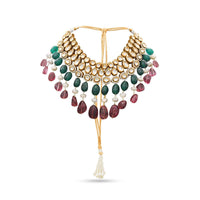 Multi Color Necklace Decorated With Exquisite Kundan, Sparkling Stones, Pearls And Green And Pink Dangling Beads  By Prerto