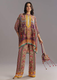 Multi Color Printed Kaftan Set With Stone and Lace Work and Matching Potli Bag