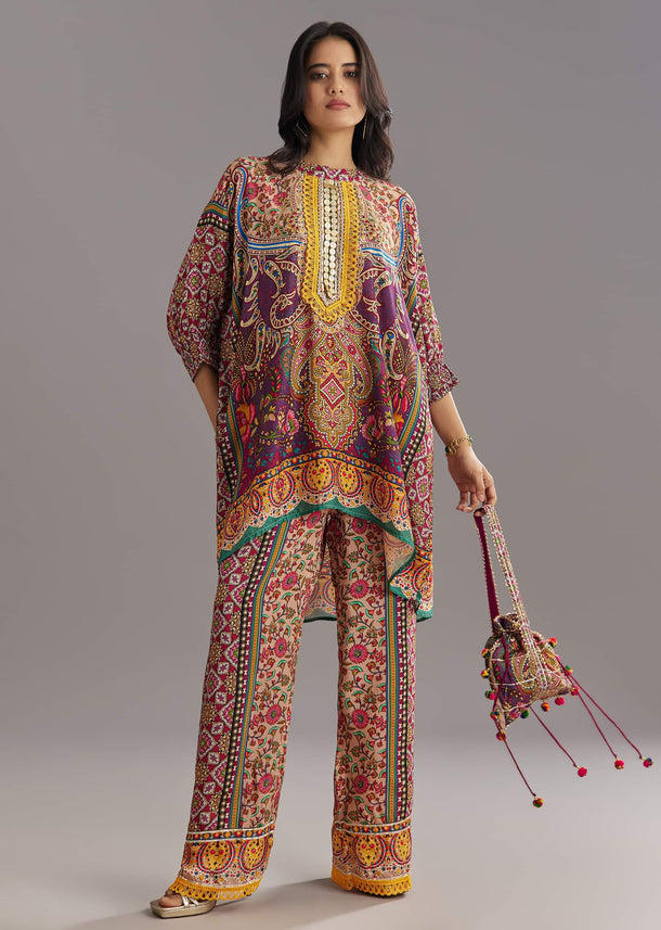 Multi Color Printed Kaftan Set With Stone and Lace Work and Matching Potli Bag