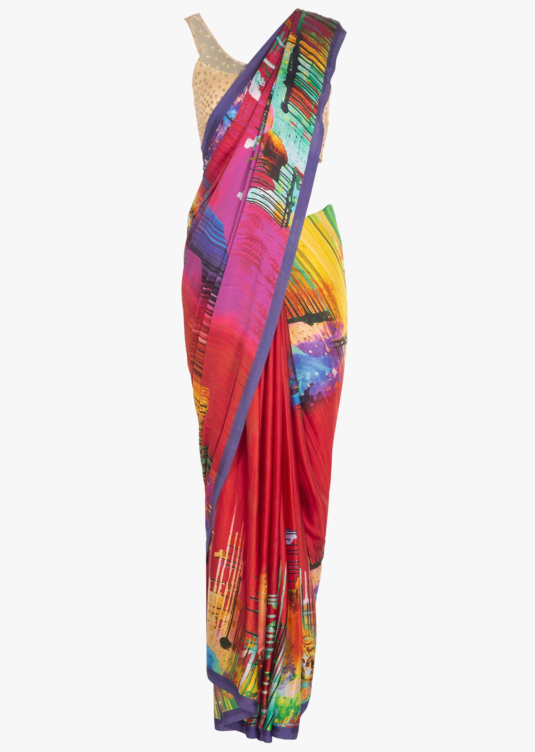 Multi color printed saree in satin fabric