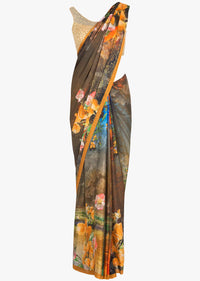 Multi color satin floral print saree only on Kalki