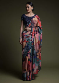 Multi Colored Abstract Printed Saree In Silk With Midnight Blue Sequin Embellished Blouse Online - Kalki Fashion-US 0