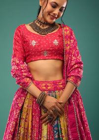 Multi-Colored Lehenga In Patola And Bandhani Print. Choli, Dupatta In Sequins,Cut Dana Embroidery