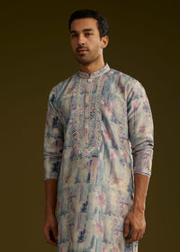 Multi Colored Silk Kurta Set With Abstract Print