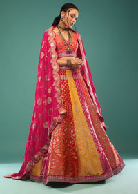 Multi-Colored Brocade Lehenga In Jaipuri Print, Paired With The Choli And Dupatta In Sequins Embroidery