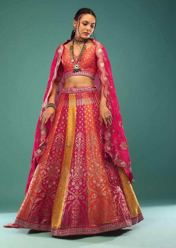 Multi-Colored Brocade Lehenga In Jaipuri Print, Paired With The Choli And Dupatta In Sequins Embroidery