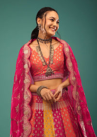 Multi-Colored Brocade Lehenga In Jaipuri Print, Paired With The Choli And Dupatta In Sequins Embroidery