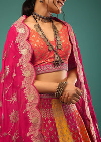 Multi-Colored Brocade Lehenga In Jaipuri Print, Paired With The Choli And Dupatta In Sequins Embroidery