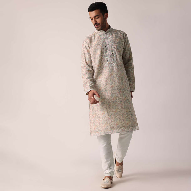 Multi-colored Festive Floral Kurta Set For Men