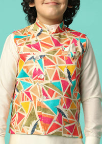 Multi-Colored Festive Jacket Kurta Set For Boys