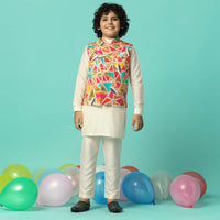 Multi-Colored Festive Jacket Kurta Set For Boys