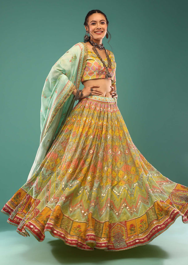 Multi-colored Jaipuri print lehenga in gotta Patti embroidery paired with the duoatta in gotta patti,sequins embroidery