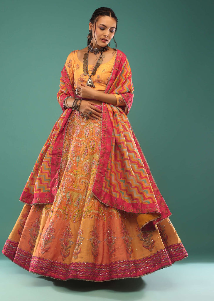 Multi-Colored Lehenga In Jaipuri And Floral Tie Dye Print, Paired With The Choli And Dupatta In Sequins And Cut Dana Embroidery.