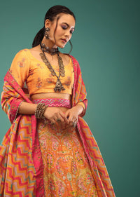 Multi-Colored Lehenga In Jaipuri And Floral Tie Dye Print, Paired With The Choli And Dupatta In Sequins And Cut Dana Embroidery.