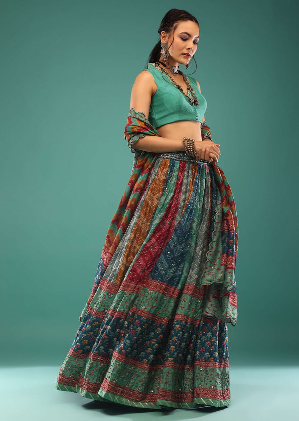 Multi-Colored Lehenga With Bandhani And Jaipuri Hand Block Print. Choli And Dupatta In Sequins,And Beads Embroidery.