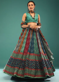 Multi-Colored Lehenga With Bandhani And Jaipuri Hand Block Print. Choli And Dupatta In Sequins,And Beads Embroidery.