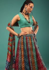 Multi-Colored Lehenga With Bandhani And Jaipuri Hand Block Print. Choli And Dupatta In Sequins,And Beads Embroidery.