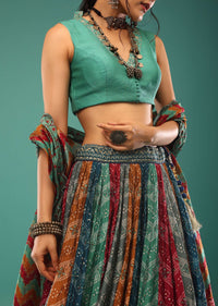 Multi-Colored Lehenga With Bandhani And Jaipuri Hand Block Print. Choli And Dupatta In Sequins,And Beads Embroidery.