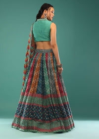 Multi-Colored Lehenga With Bandhani And Jaipuri Hand Block Print. Choli And Dupatta In Sequins,And Beads Embroidery.