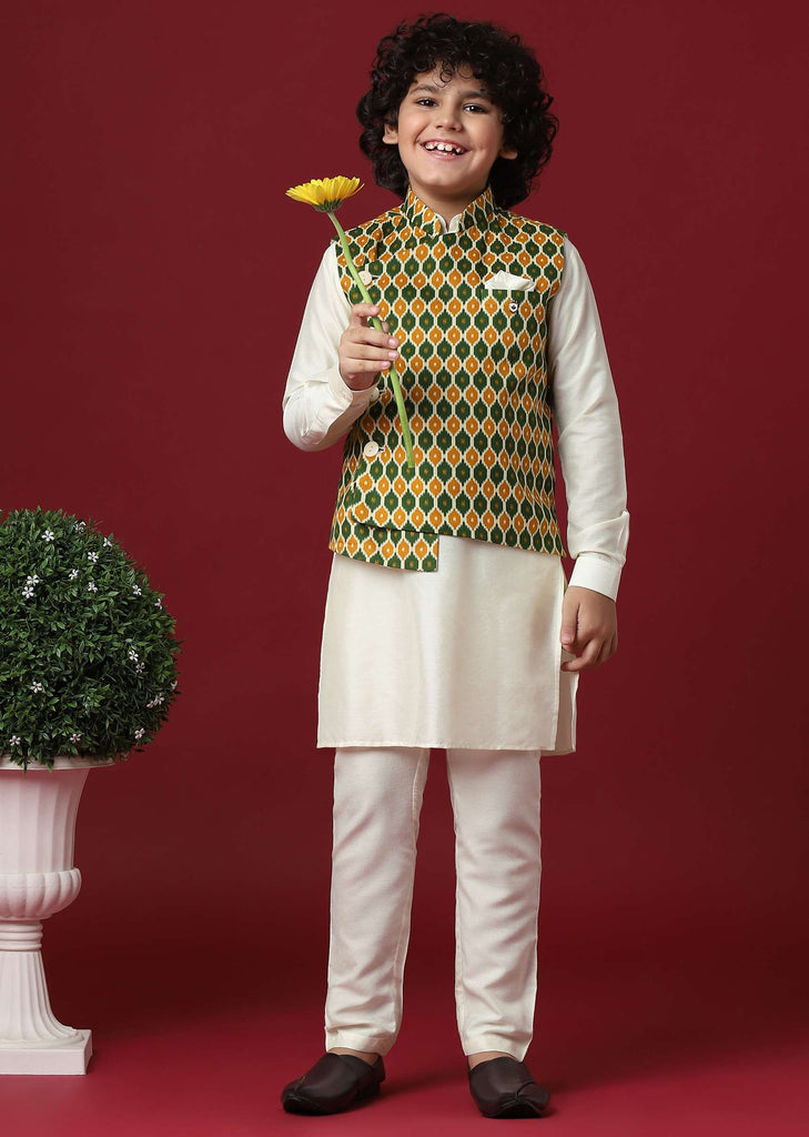 Multi-Colored Silk Jacket Kurta Set for Boys