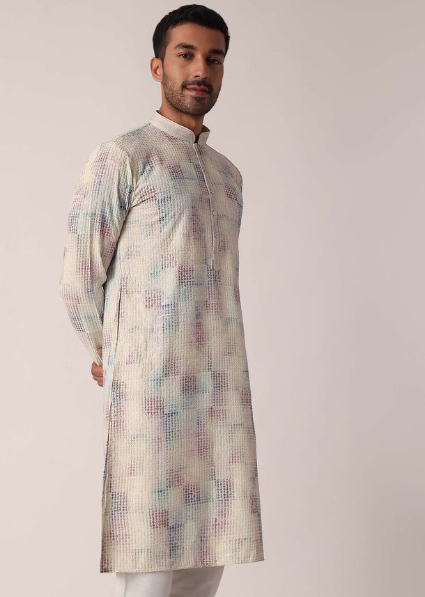 Multi Colored Mens Kurta Set In Silk