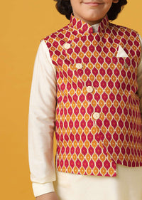 Multi Colored Silk Printed Jacket Kurta Set For Boys