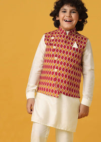 Multi Colored Silk Printed Jacket Kurta Set For Boys