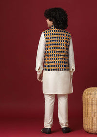 Multi Coloured Printed Jacket Kurta Set In Silk For Boys