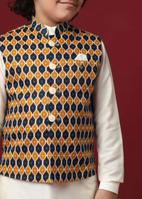 Multi Coloured Printed Jacket Kurta Set In Silk For Boys