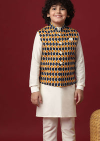 Multi Coloured Printed Jacket Kurta Set In Silk For Boys