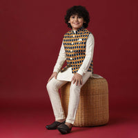 Multi Coloured Printed Jacket Kurta Set In Silk For Boys