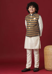 Multi Coloured Printed Jacket Kurta Set In Silk For Boys
