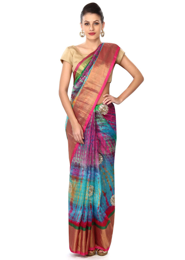 Multi Color Saree With Kundan Buttis Online - Kalki Fashion