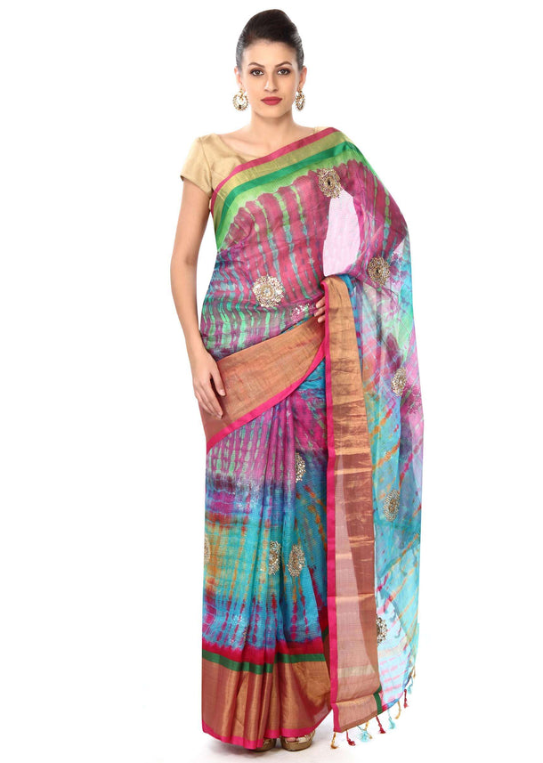 Multi Color Saree With Kundan Buttis Online - Kalki Fashion