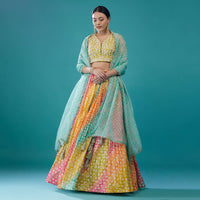 Multi-Coloured Embroidered Silk Leheriya Lehenga Set