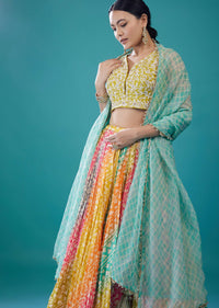 Multi-Coloured Embroidered Silk Leheriya Lehenga Set