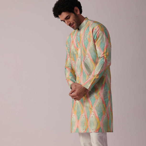 Multi-Coloured Festive Silk Kurta Set For Men